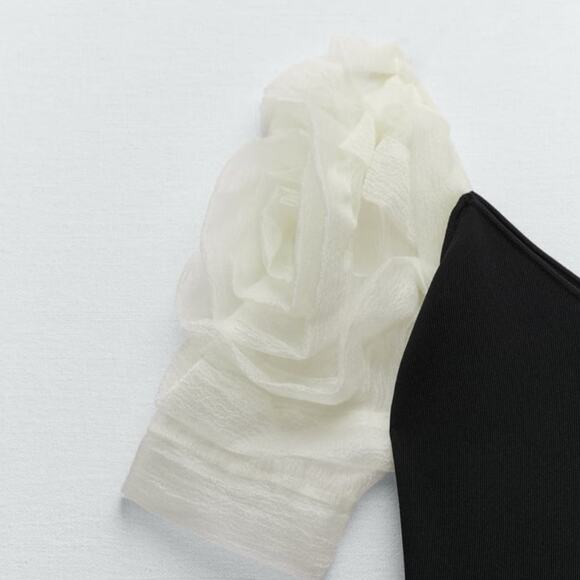 ZARA Voluminous Balloon Organza Sleeve Mini Dress Knit Size Small - Picture 6 of 10